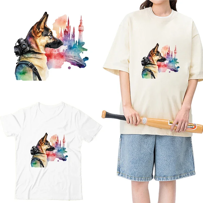 Watercolor German Shepherd Dog DTF Thermo Sticker Decals Heat Transfer On Clothes Iron On Patch For Hoodies Press Printing