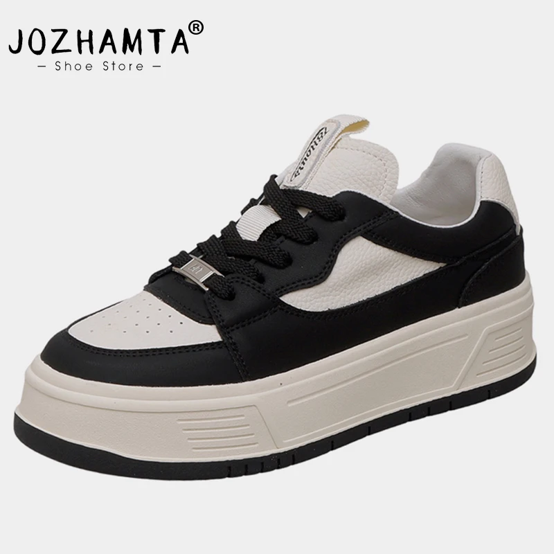 JOZHAMTA Size 35-40 Casual Sneakers Women Real Leather Low Heels Summer Shoes For Women Tennis Athletic Shoe Lace Platform Pumps