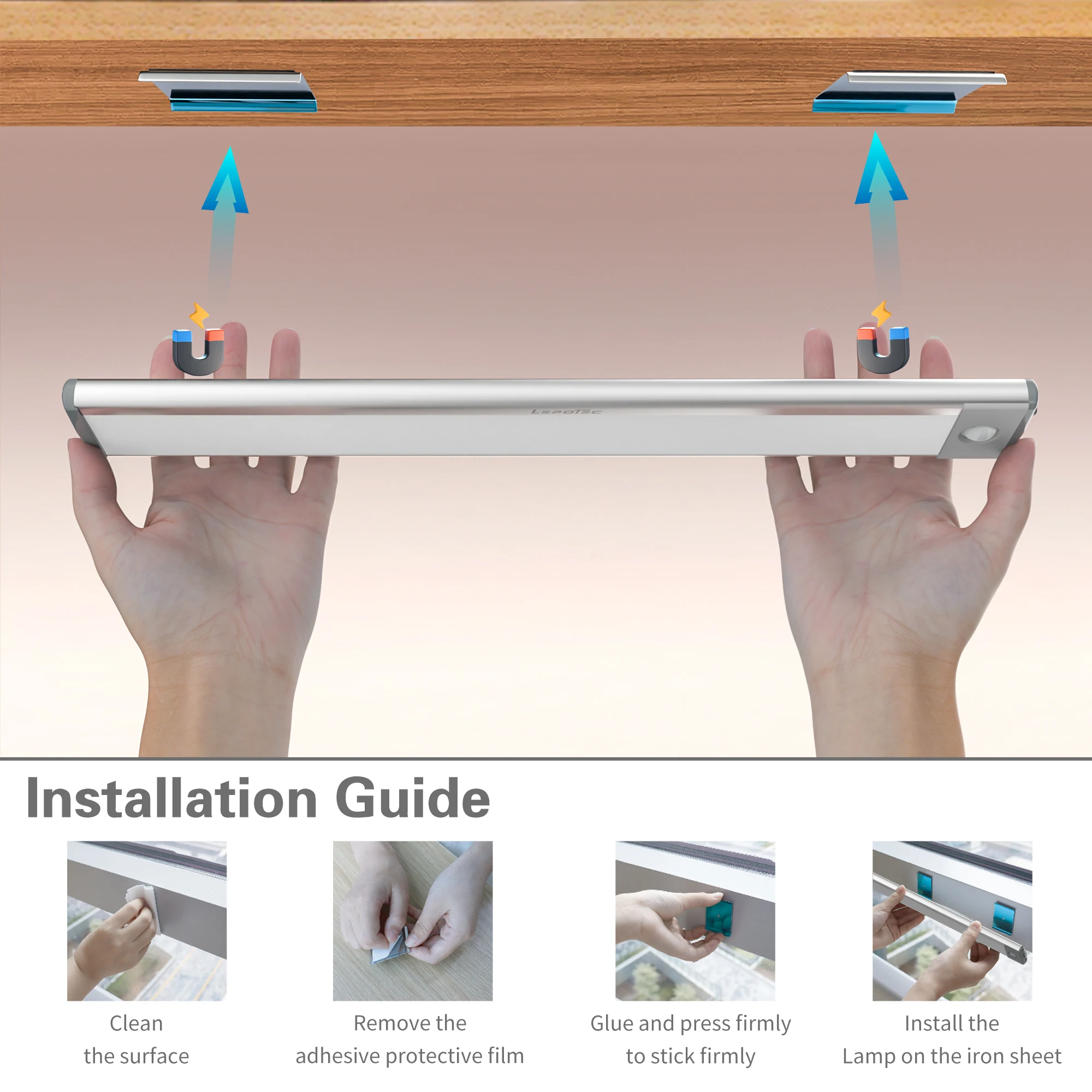 8 عبوات من صفائح الحديد القوسية لأعواد الإضاءة المغناطيسية تحت الخزانة - شرائط مغناطيسية مع دعم لاصق تحت أضواء الخزانة