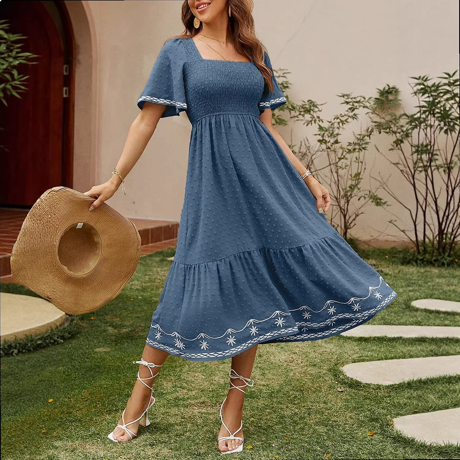 Women's Short Sleeve Smocked Square Neck A-Line Embroidered Dress with Puff Sleeves for Spring Summer Dresses