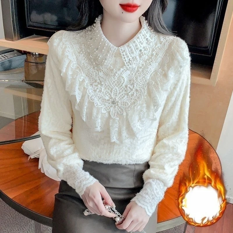 Blusa de encaje de estilo francés para mujer, camisa de manga larga con forro polar grueso, Top cálido para otoño e invierno, cuello semialto con volantes y cuentas