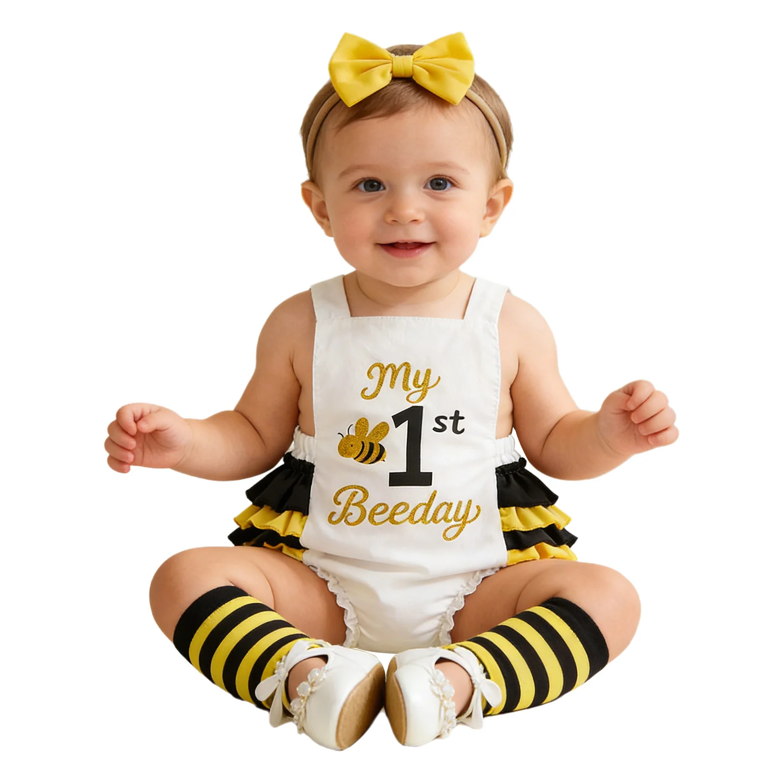 

Baby Girls 1st Birthday Costume Summer Cute Bee Letter Print Romper with Headband Leg Warmers for Cake Smash Theme Party Cosplay