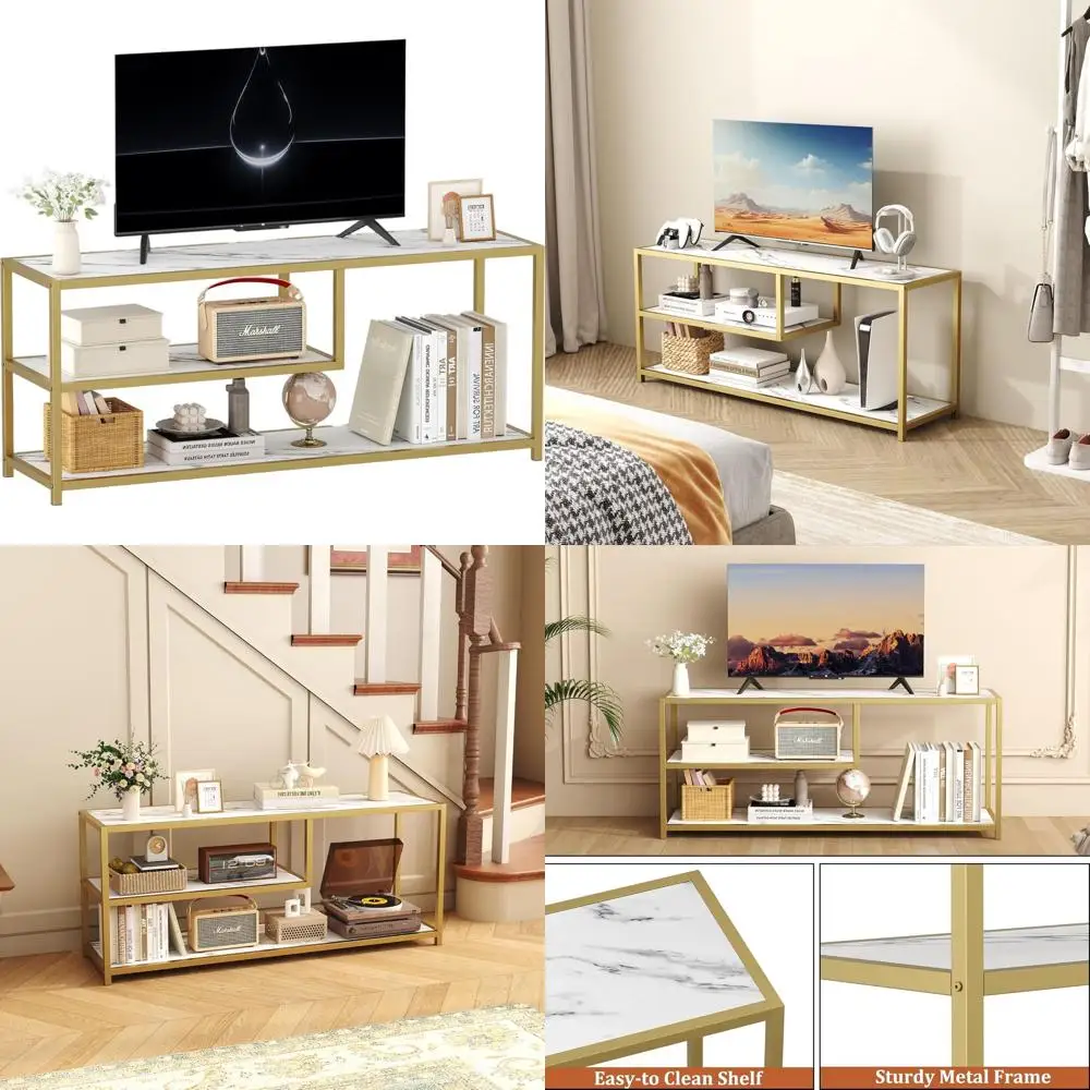 

Тумба под телевизор 55 дюймов, 3-уровневый медиацентр с открытыми полками, мраморной столешницей и золотыми ножками