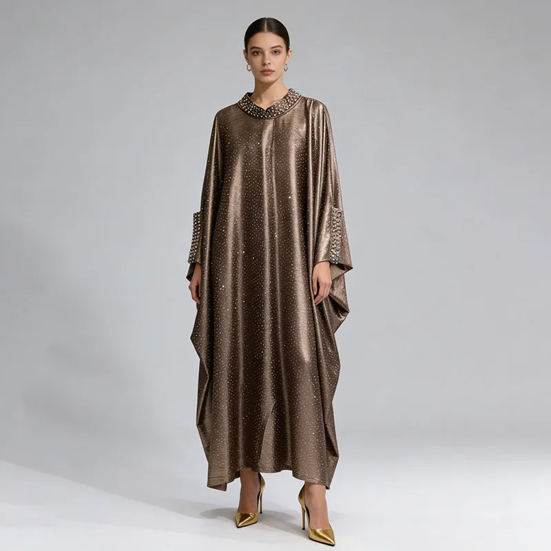 

Women’s Sparkly Glitter Elegant Loose Satin Long Dresses Round Neck Diamond Studded Wide Temperament Robe Fashion Maxi Dress