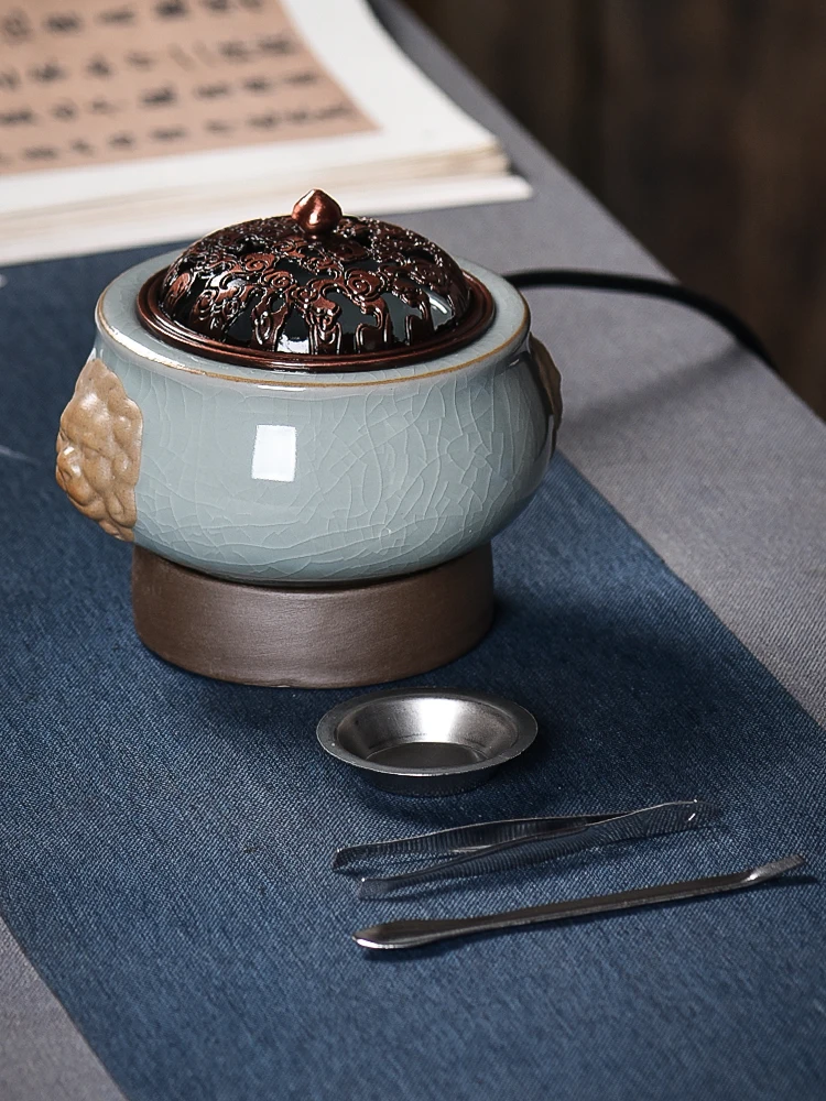 Ceramic Electronic Censer Timing Thermostat Household Indoor Agarwood Sandalwood Incense Celadon Binaural Lion's Head Plug-in