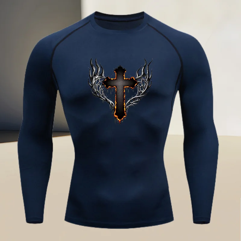 Men's round neck quick drying compression long sleeved printed top - a must-have for high stretch fitness and outdoor sports - Image 2