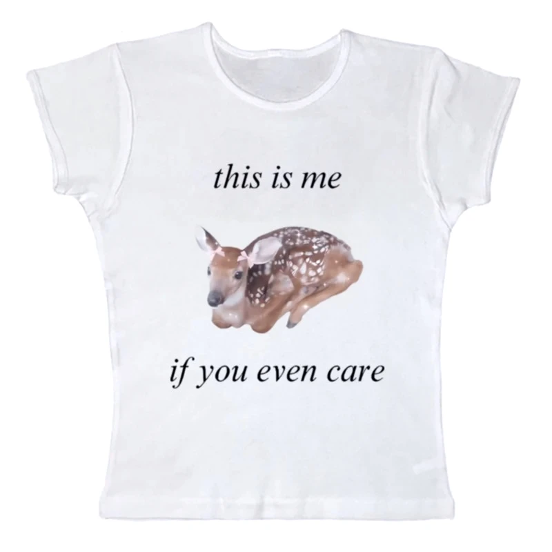 Y2K Deer Print Summer Gothic Cut Top Slim Fit 2000s Street Clothing Sleeveless Tank Top Aesthetic Short Sleeved Top EMO Baby Tee