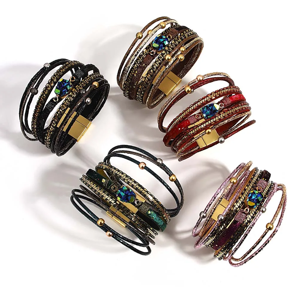 ALLYES Boho Resin Stone Leather Bracelet for Women Men Vintage Multilayer Glitter Filled Strips Wrap Wide Bracelets Jewelry Gift