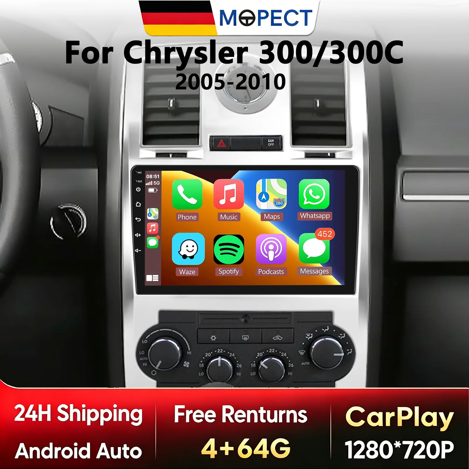 4+128G Android 15 Autoradio für Chrysler 300/300C 2004-2011 mit WLAN, Navi, Multimedia-Videoplayer, 2Din 9 Zoll GPS-Navigation, DAB+, DVR