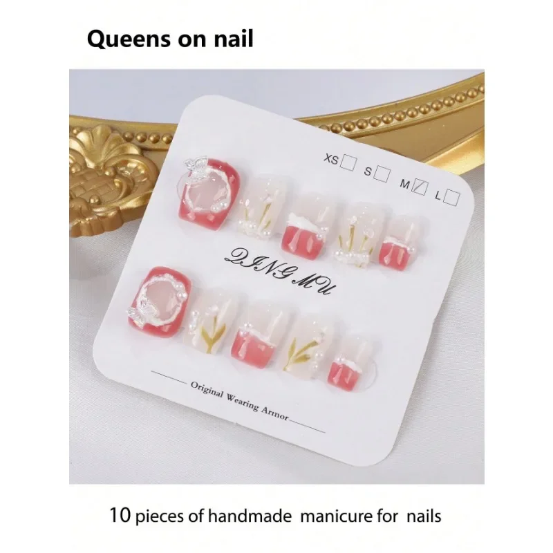 

10 Pieces Handmade press on Nails Short Ballet Shape Fake Nails/Hand-Painted Flower Patterns/Decorative Butterflies/Pearls