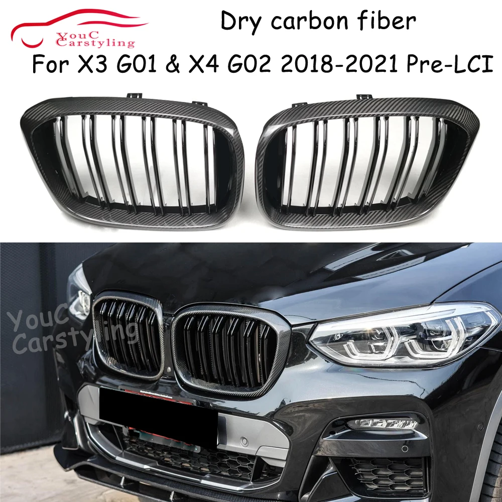 G01 Dry Carbon Fiber Gloss Black Grill for BMW X3 G01 & X4 G02  Pre-Lci 2018-2021 Replacement Front Kidney Grille Mesh