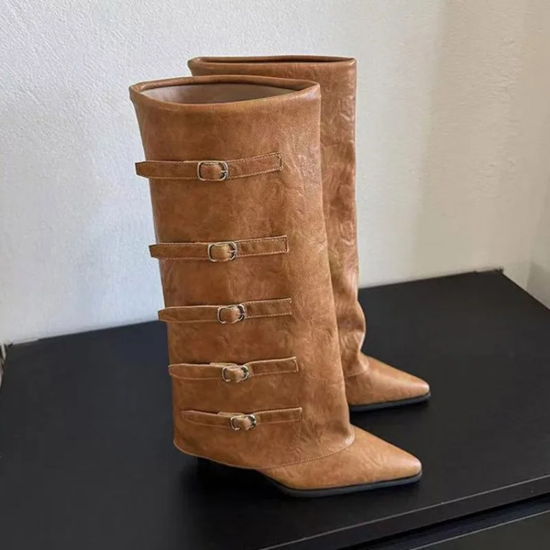 

2026 Women Knee High Long Boots Pointed Toe Designer Shoes High Heels Shoes Winter Luxury Bucke Chelsea Boots Sexy Pumps Mujer