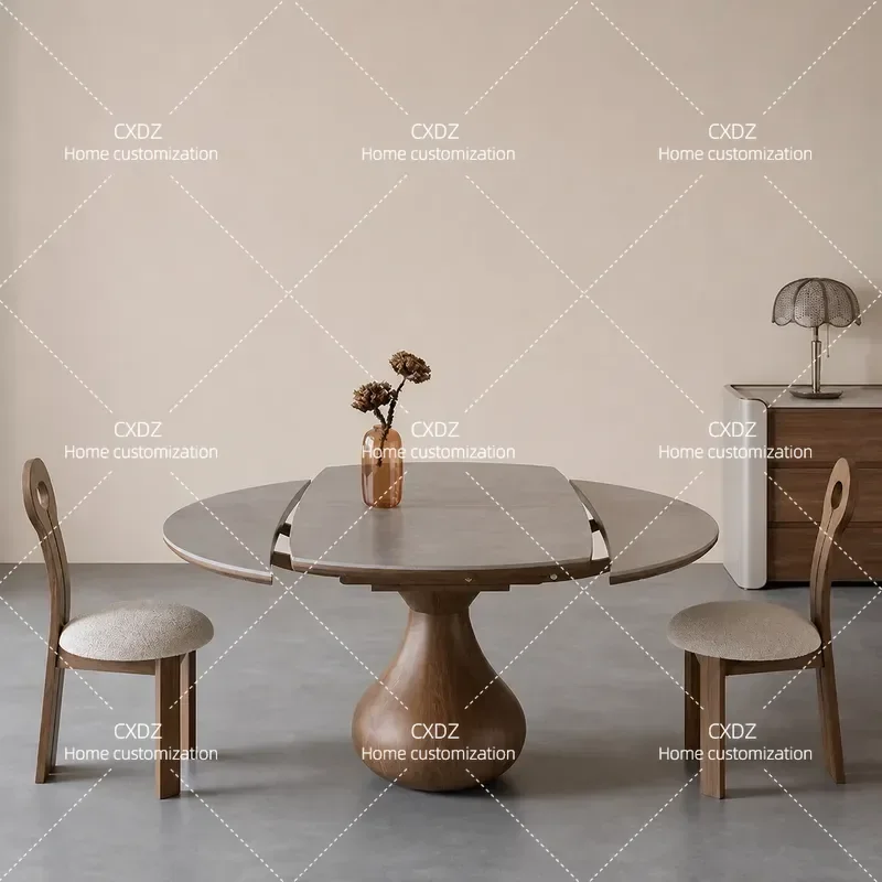 Foldable Round Solid Wood and Sintered Stone Dining Table Set with Chairs Modern Minimalist Extendable Table for Small