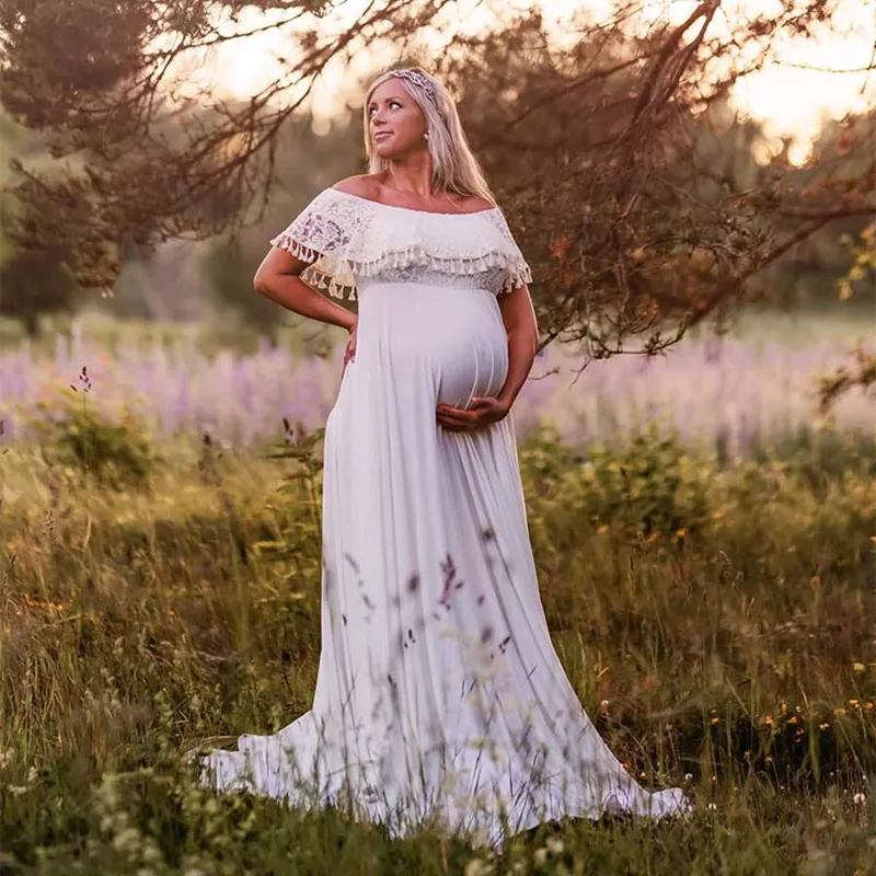 Slash Neck Boho Maternity Photo Shoot Long Dresses Jersey Ruffles Maternity Lace Photography Maxi Gown