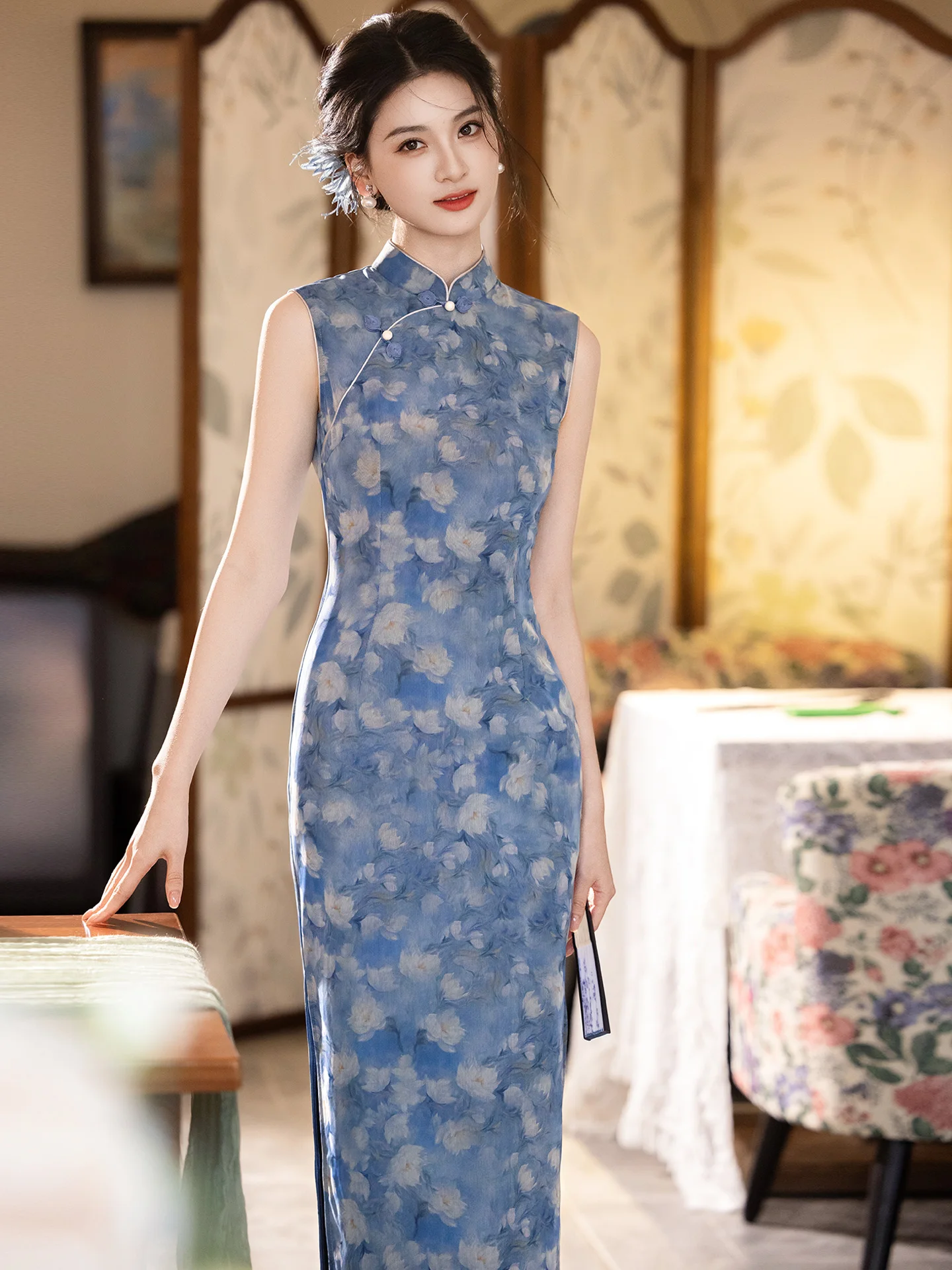 

Синее платье без рукавов в молодежном стиле, красивое, традиционное китайское, новая версия, дышащее, длинное ципао с цветочным узором