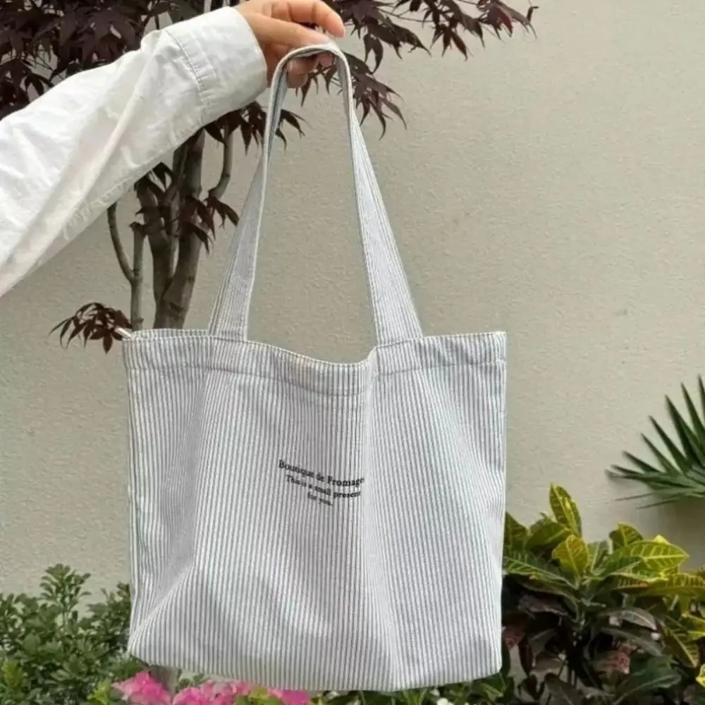 Einfache Canvas-Umhängetasche im koreanischen Stil, gestreifte Einkaufstasche, große Kapazität, Handtasche für Frauen und Mädchen