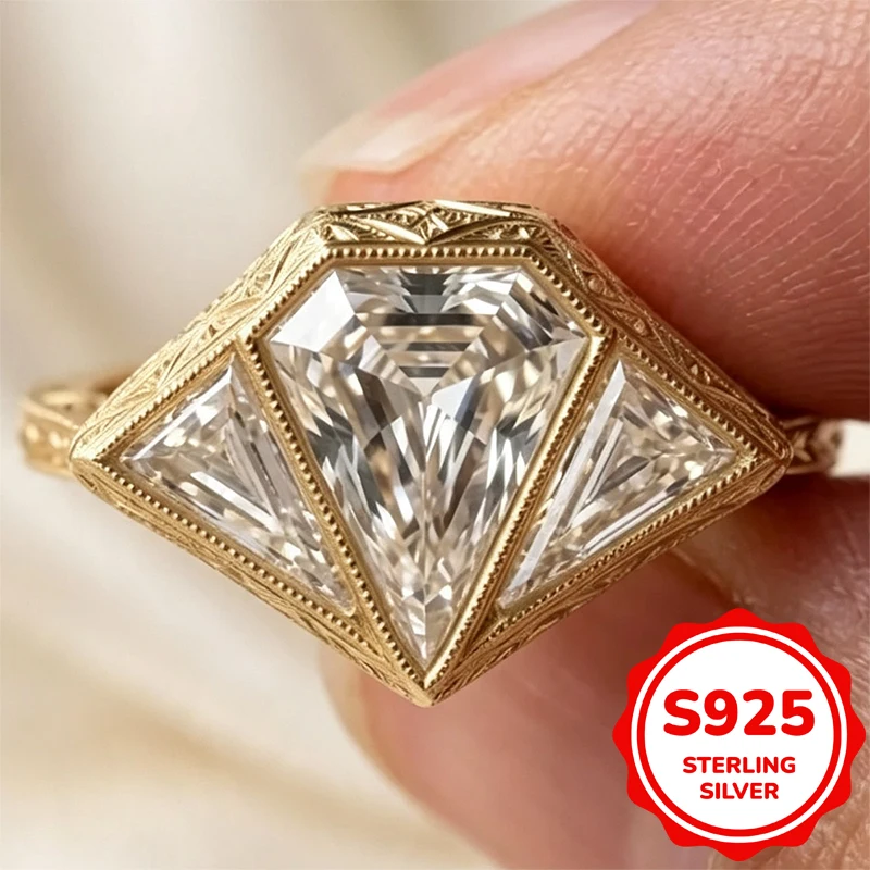 Genuine Sterling Silver S925 14K Gold Ring For Women Vintage Triangle Geometric Cut Zircon Engraved Carved Art Deco  Jewelry