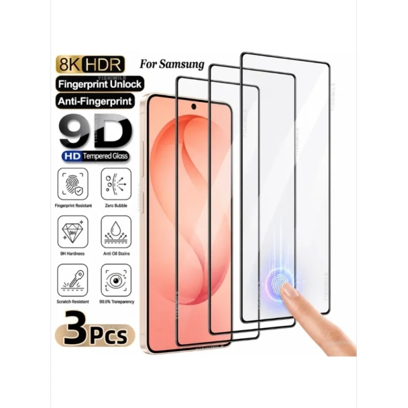 9D Ultra HD Gehärtetes Glas Displayschutzfolie 3 Stück für Samsung Galaxy S22 S23 S24 S25 S26 Plus Ultra S23 FE S24 FE S25 FE S25 Edge, Fingerabdruck-Entsperrung, Kratzfest Anti-Fingerabdruck