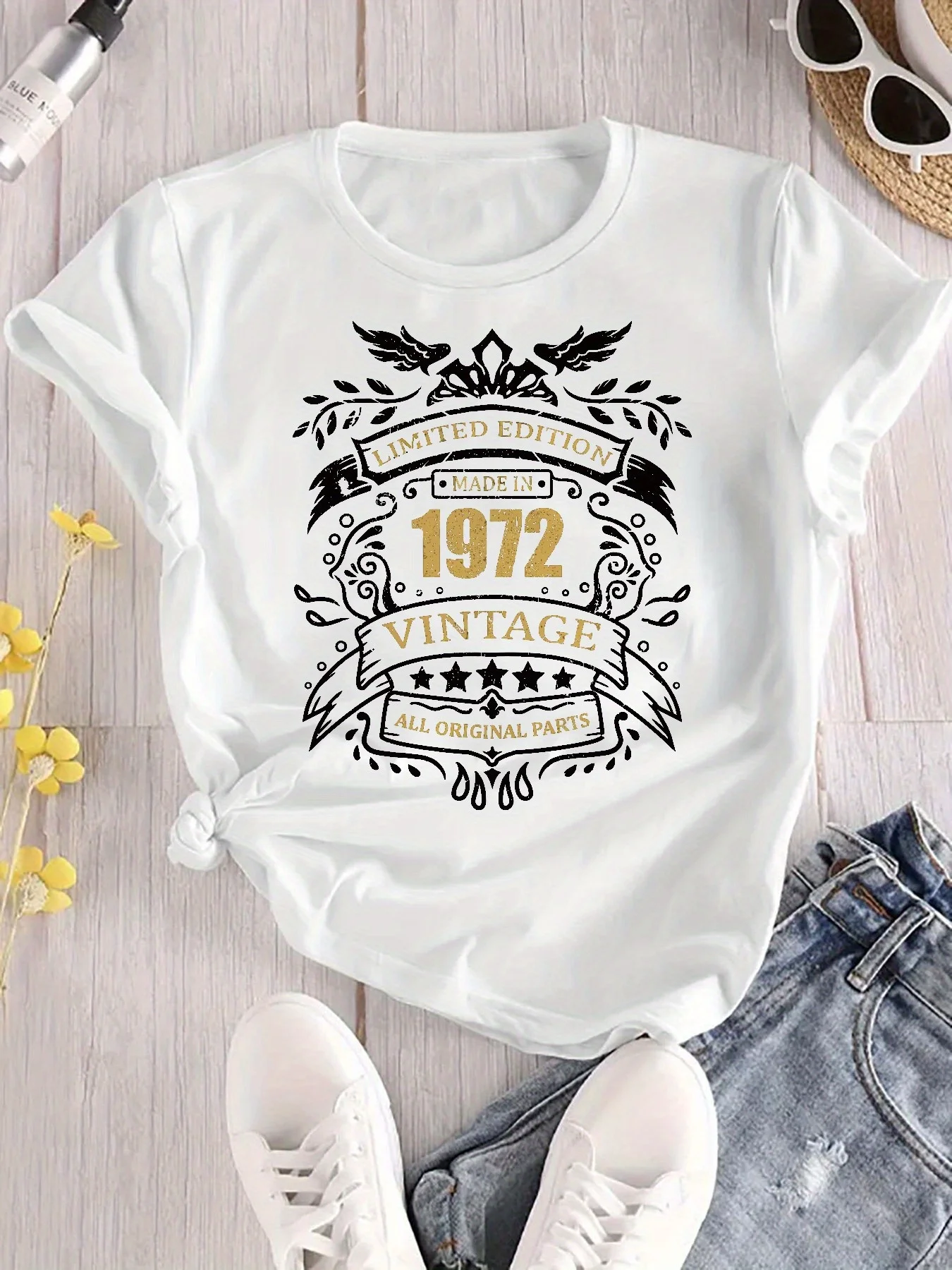 

Женская повседневная футболка с круглым вырезом, 95% полиэстер, 5% эластиновая трикотажная ткань, 200 г/м2, винтаж 1972, всесезонный принт