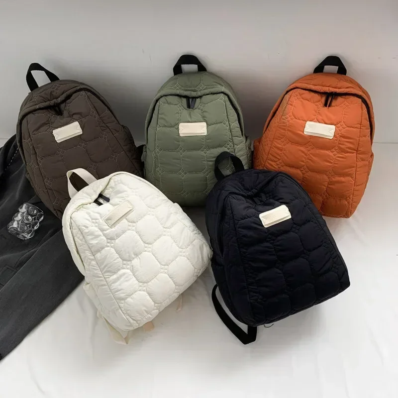 Winter Warm Space Down Women\'s Backpack Quilted Plaid Female School Backpacks Bags Winter Quilted Rucksack Daily Travel Bags