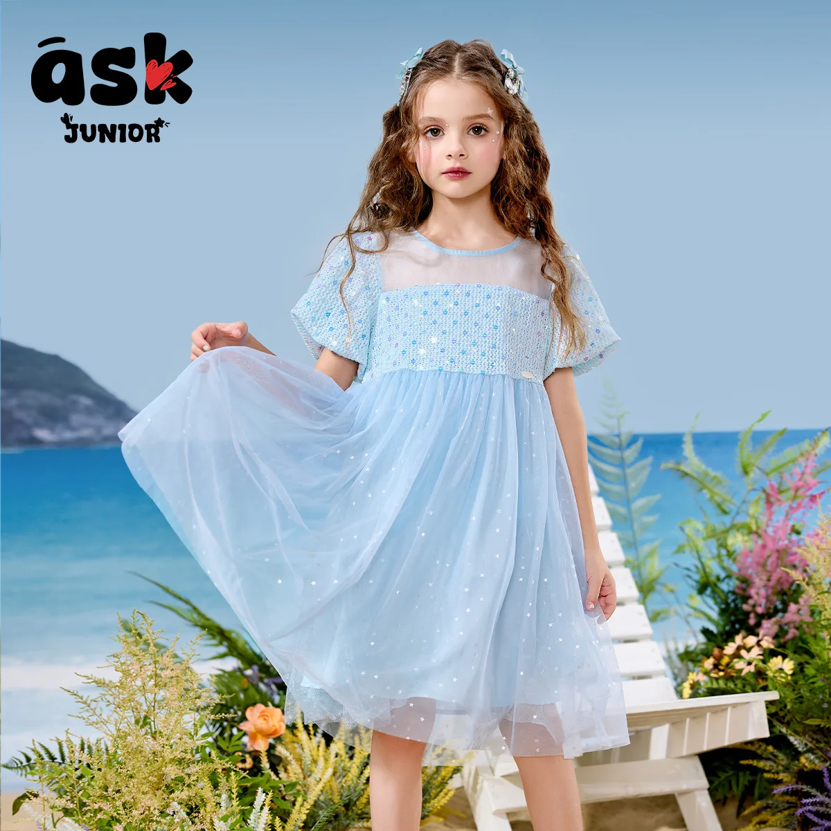 فستان الأميرة الصيفي للفتيات الصغيرات ذو الأكمام الشبكية المنفوشة بالترتر #4