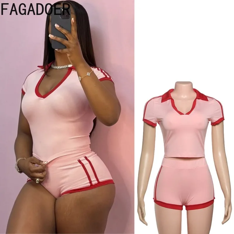 

FAGADOER Fashion 2 Pieces Set for Woman Color Block Deep V-neck Short Sleeve Crop Top + Shorts Matching Female Streetwear Outfit