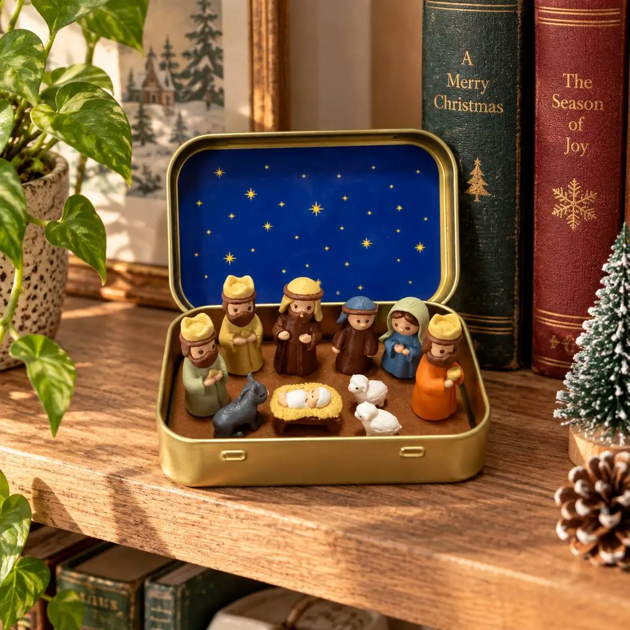 Miniature Christmas Nativity Scene: Tin Box Set Featuring the Virgin Mary, Saint Joseph, and the Infant Jesus in the Manger
