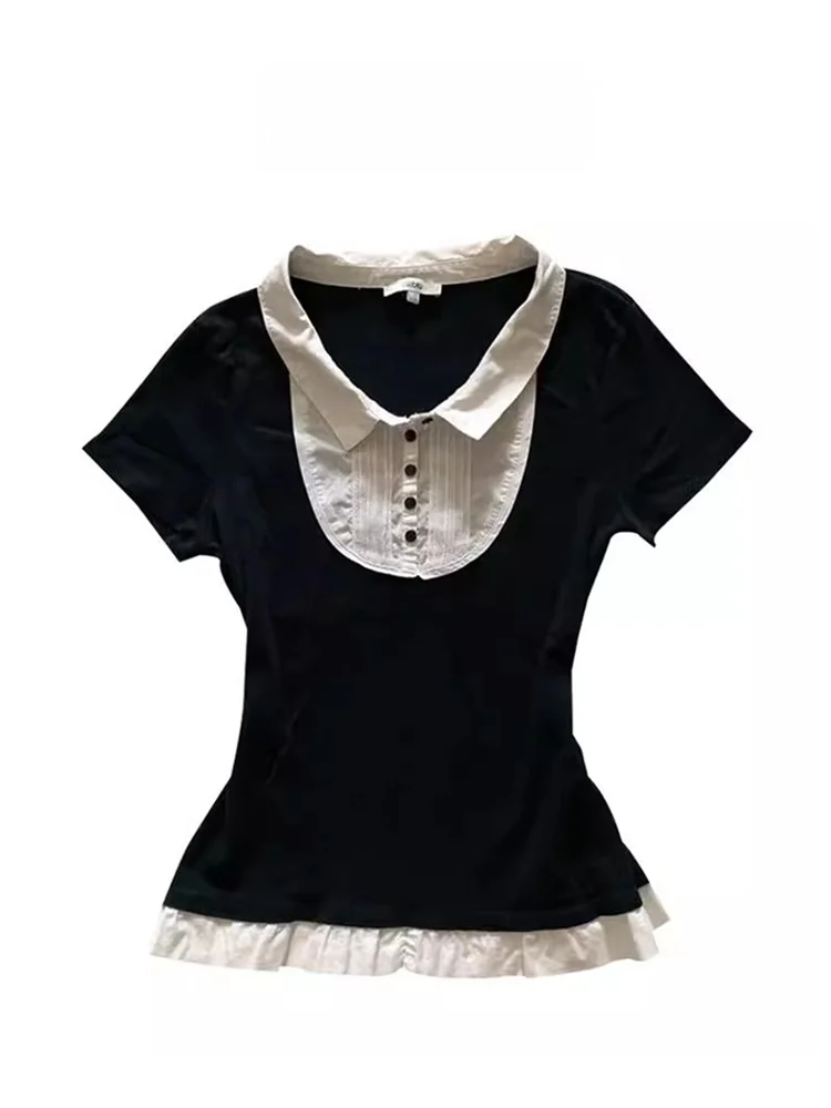

Plus Size Slim Fit ort Sve Doll Collar Apparels Women's Summer New Design T-irts Fake Two-Piece Straight Body ape