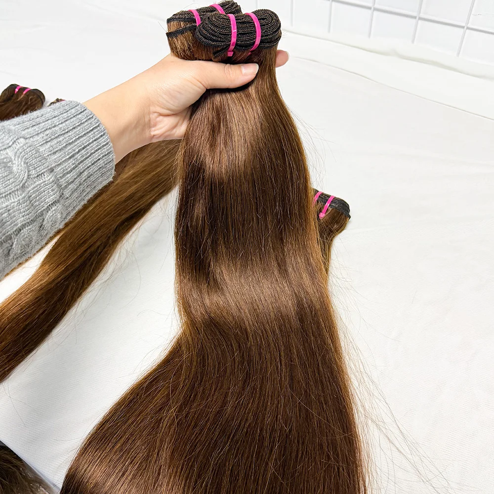 100 جرام/الحزمة 4 # الشوكولاته اللون حزم من شعر طبيعي مفرود 8-30 بوصة النسيج وصلات شعر ريمي شعر ناعم مستقيم السائبة #4