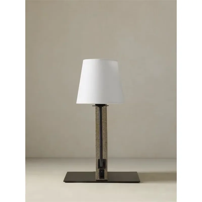 Modern Nordic Table Lamp Polished Stone Base Linen Shade Wrought Iron Arm Light for Bedroom Dining Room Hotel Villa Decor Art 4