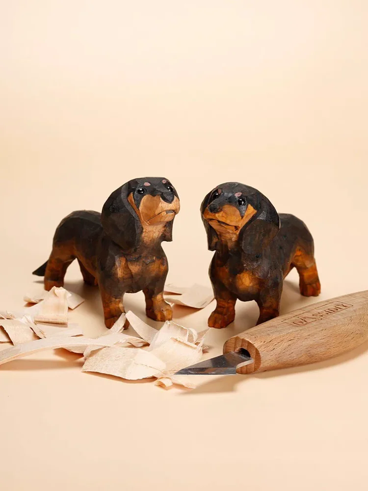 Handmade wood carving puppy ornaments desktop decoration solid wood dachshund crafts