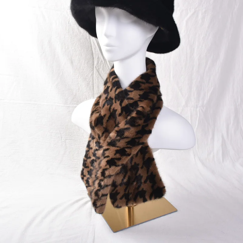 2024 New Real Mink Fur Scarf for Men and Women, Thousand Bird Grid, Leopard Pattern, Fashion, Warm, Double Sided, Autumn, Winter