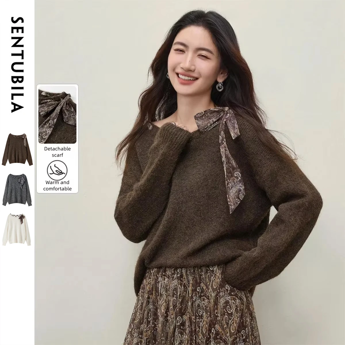 

SENTUBILA Loose Jumpers for Woman 2025 Winter New Detachable Scarf Wool Blend Sweater Women Knit Crew Collar Clothing W61EE4971