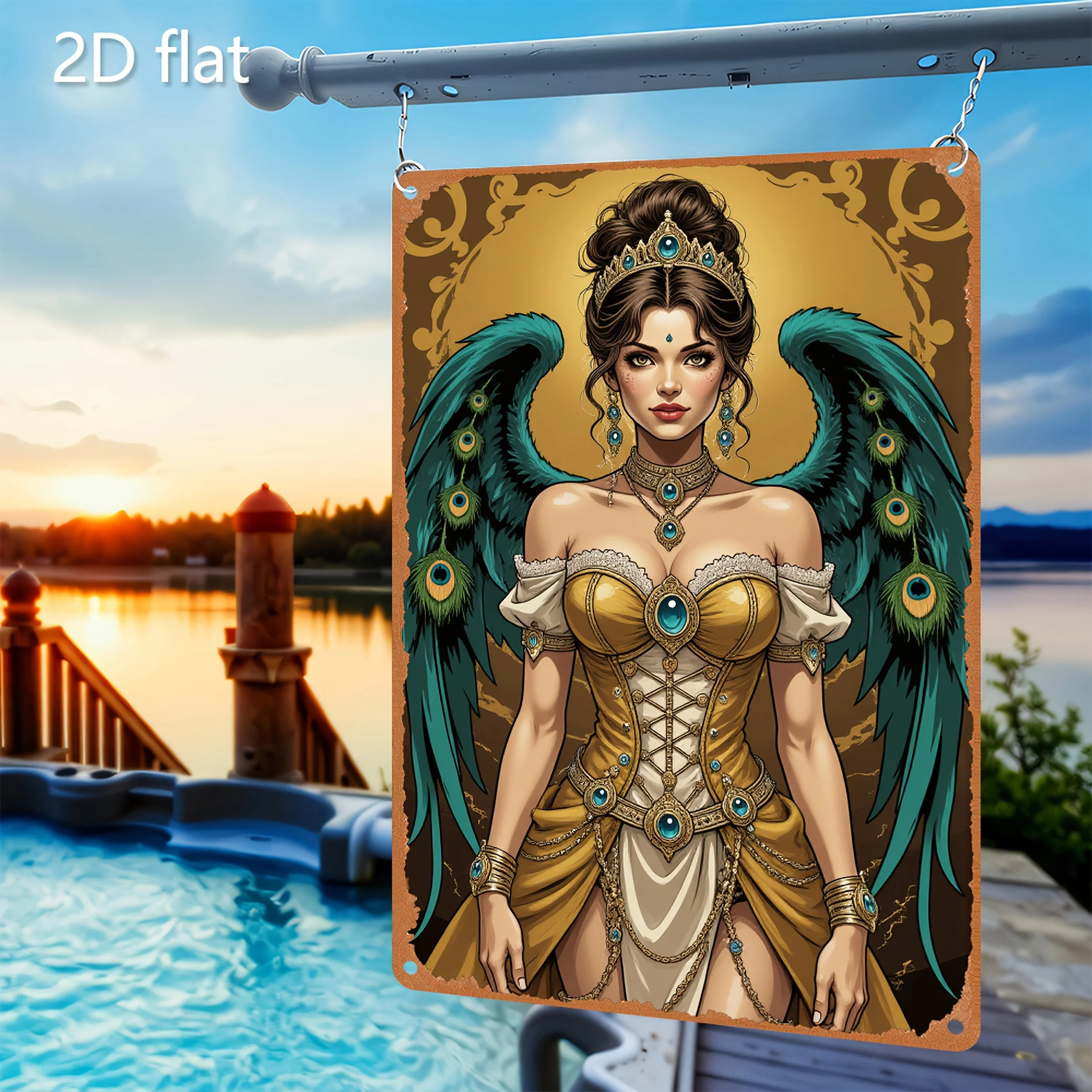 

Fantasy Angel Woman Metal Tin Sign 8x12 Inch, Peacock Feather Gold Vintage Wall Art for Home - Indoor Outdoor Decor