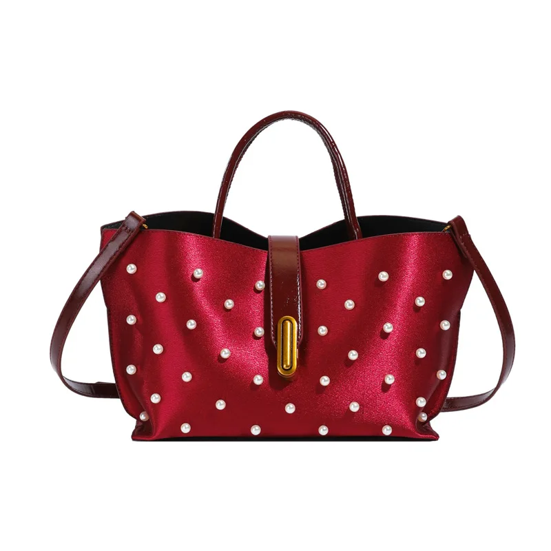 2025 New Fashion Design Pearl Inlay Women's Handbags Luxury Retro French Style Large Tote Bag Trendy Beading Shoulder Bag
