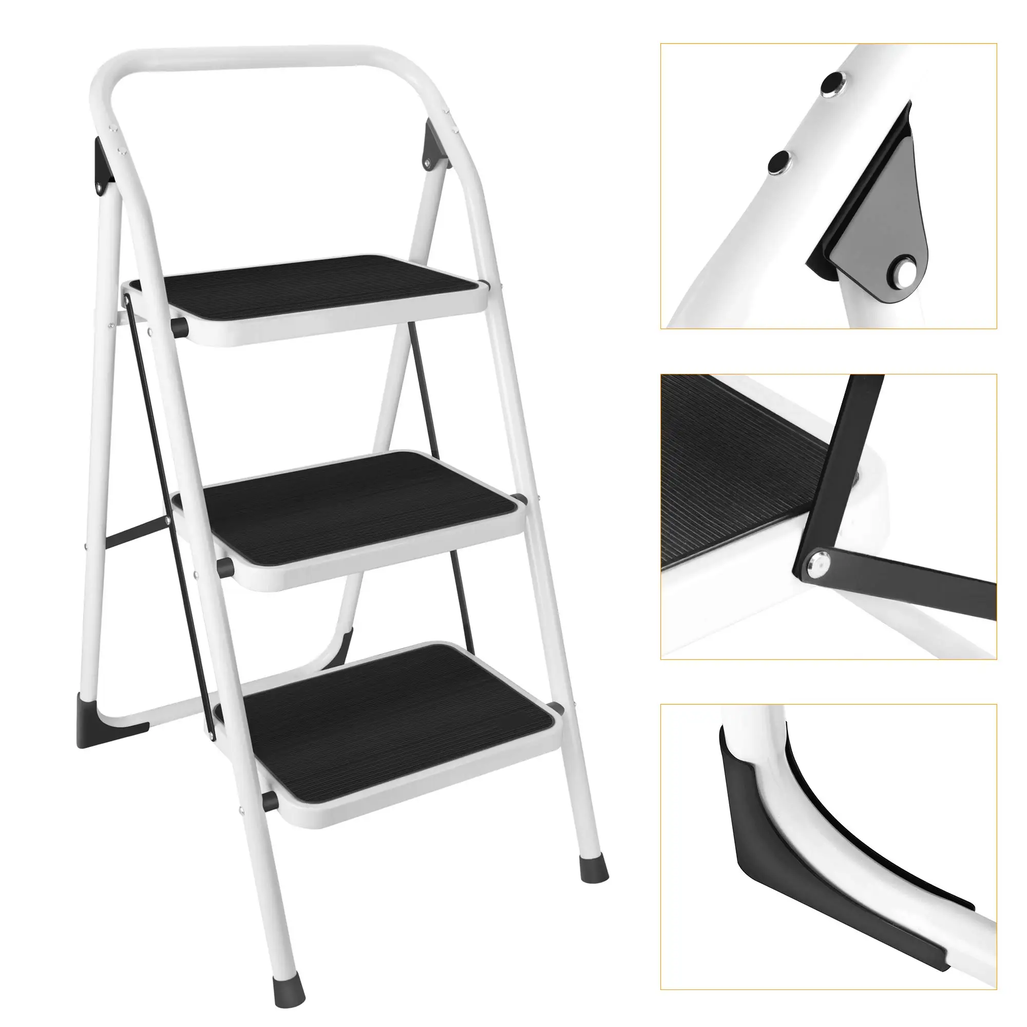 3 Trap Opklapbare Kruk Ladder Met Brede Anti-Slip Pedaal Lichtgewicht Handige Handgreep Stevige Stalen Ladder 330 Lb Capaciteit