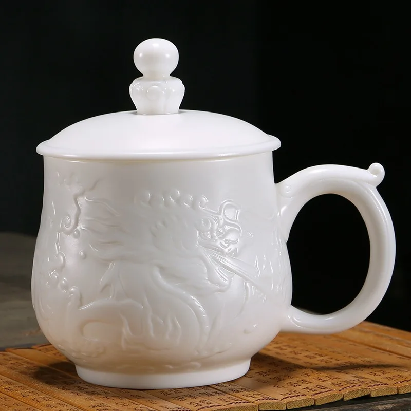 

Suet jade white porcelain subdued dragon prosperous large office water cup ceramic tea cup with lid