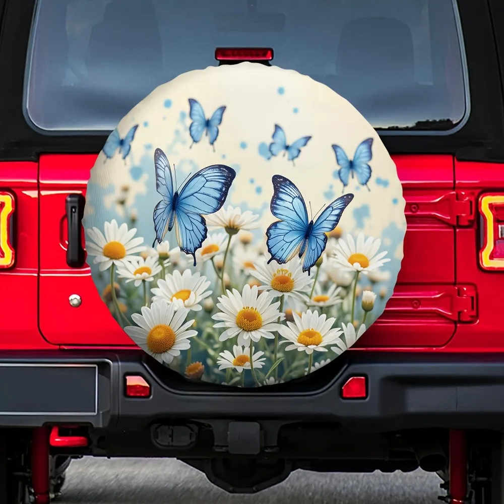 

Blue Butterflies and Daisies Tire Cover Polyester Spare Wheel Protector for SUV