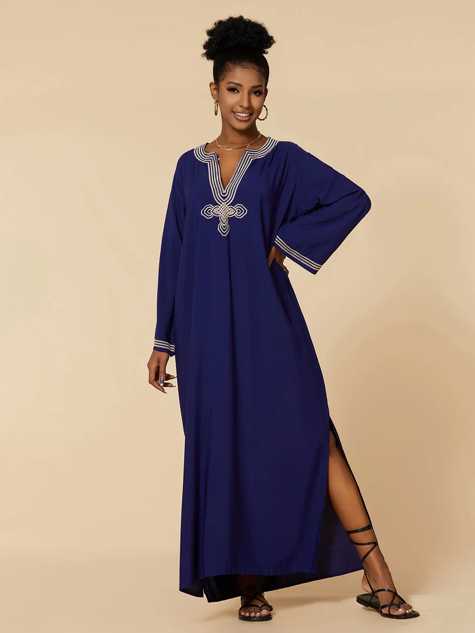 2023 New Sexy Beach Cover Up Long Kaftan Solid Embroid V-neck Dress Woman Bathing Suit Kimono Summer Beachwear Long Dress Robe