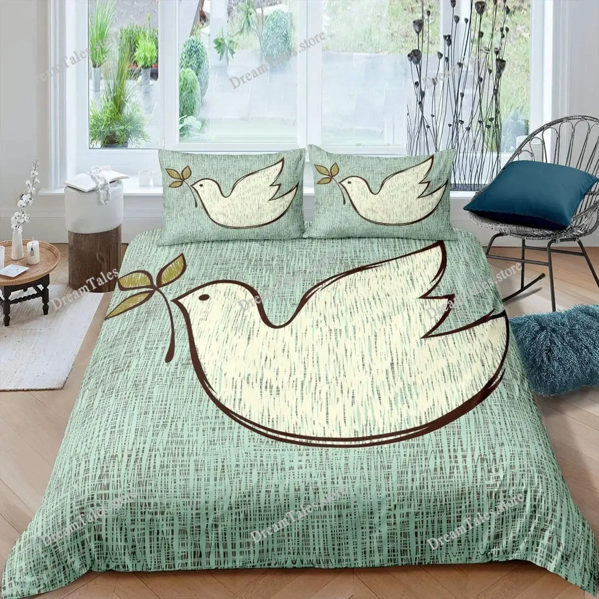 Pigeon Peace Duvet Cover Set Cute Bird Pattern King Queen Size Polyester Comforter Cover with Pillowcase for Teens Bedding Set 6
