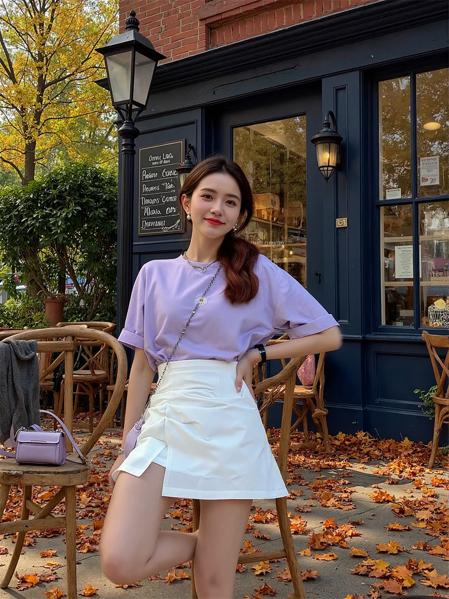 

Pleated Hem Slit White Black Skirts Women Buckled Ruched Belted Flare Club Wrapped Feminine Sleek Simple Youth Trend Unique Soft