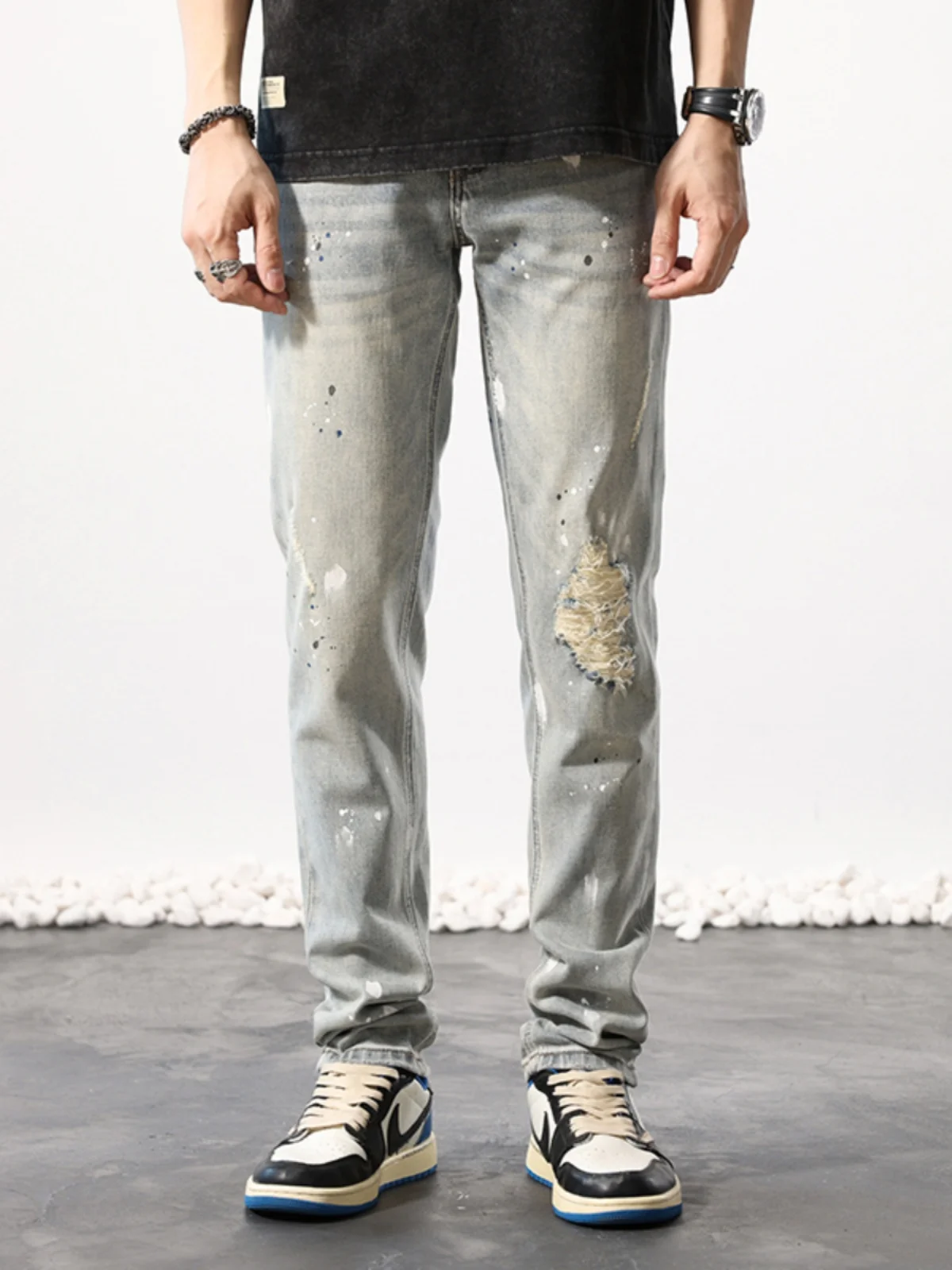 

Модные мужские синие джинсы, летняя новинка, корейская версия, облегающие длинные брюки с дырками, из стираного хлопкового стрейч-денима, повседневная одежда