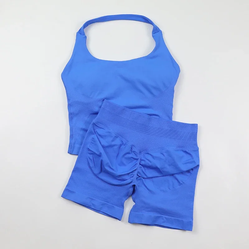 

New Summer hanging body sculpting beautiful shoulder strap bra bra and sports yoga shorts solid color comfortable gym clothes