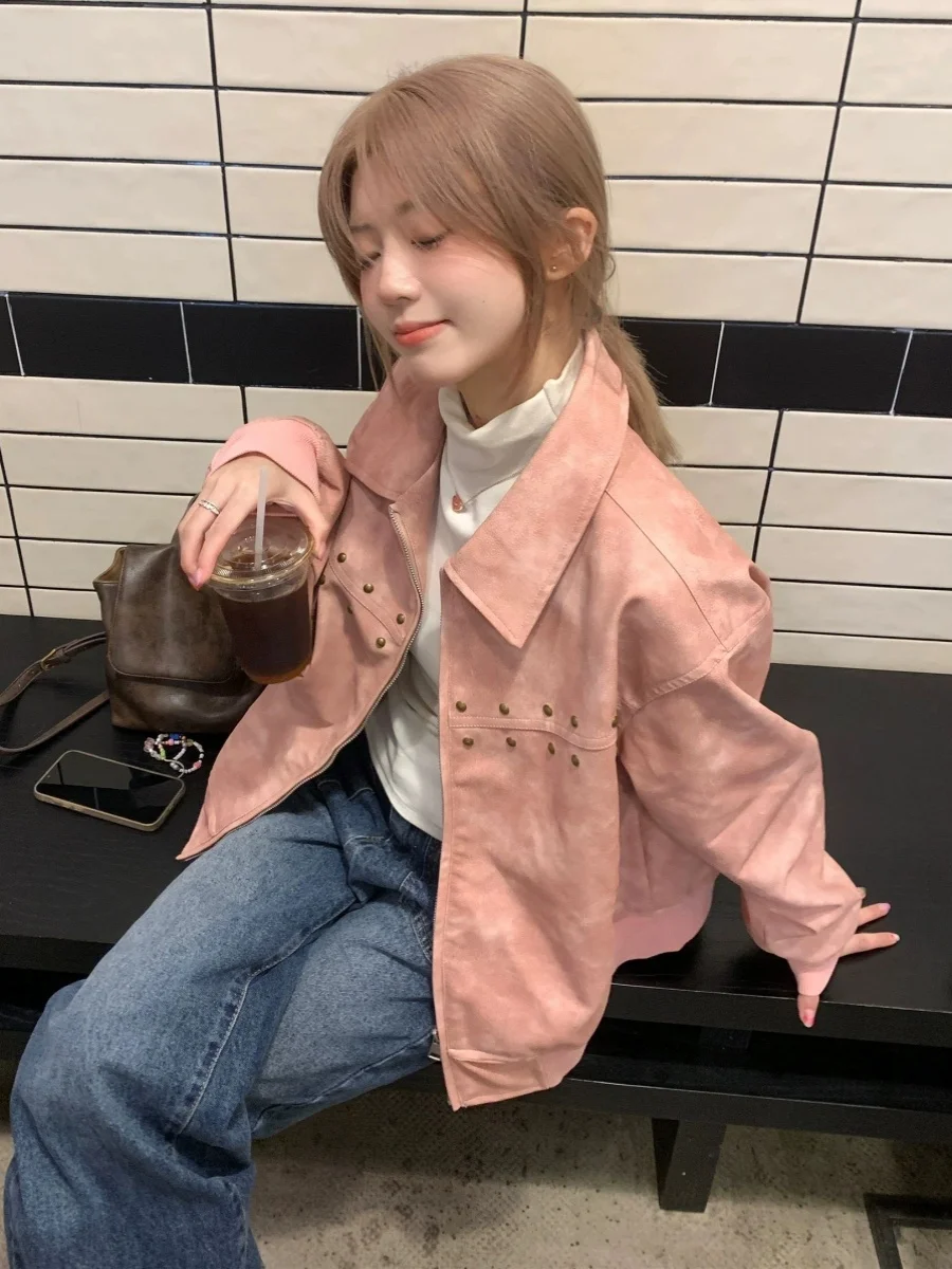 

Pink Sweet adient Nailhead PU Leather Jaet Women's Spring Autumn Design Unique Super Beautiful ort Outerwear Top