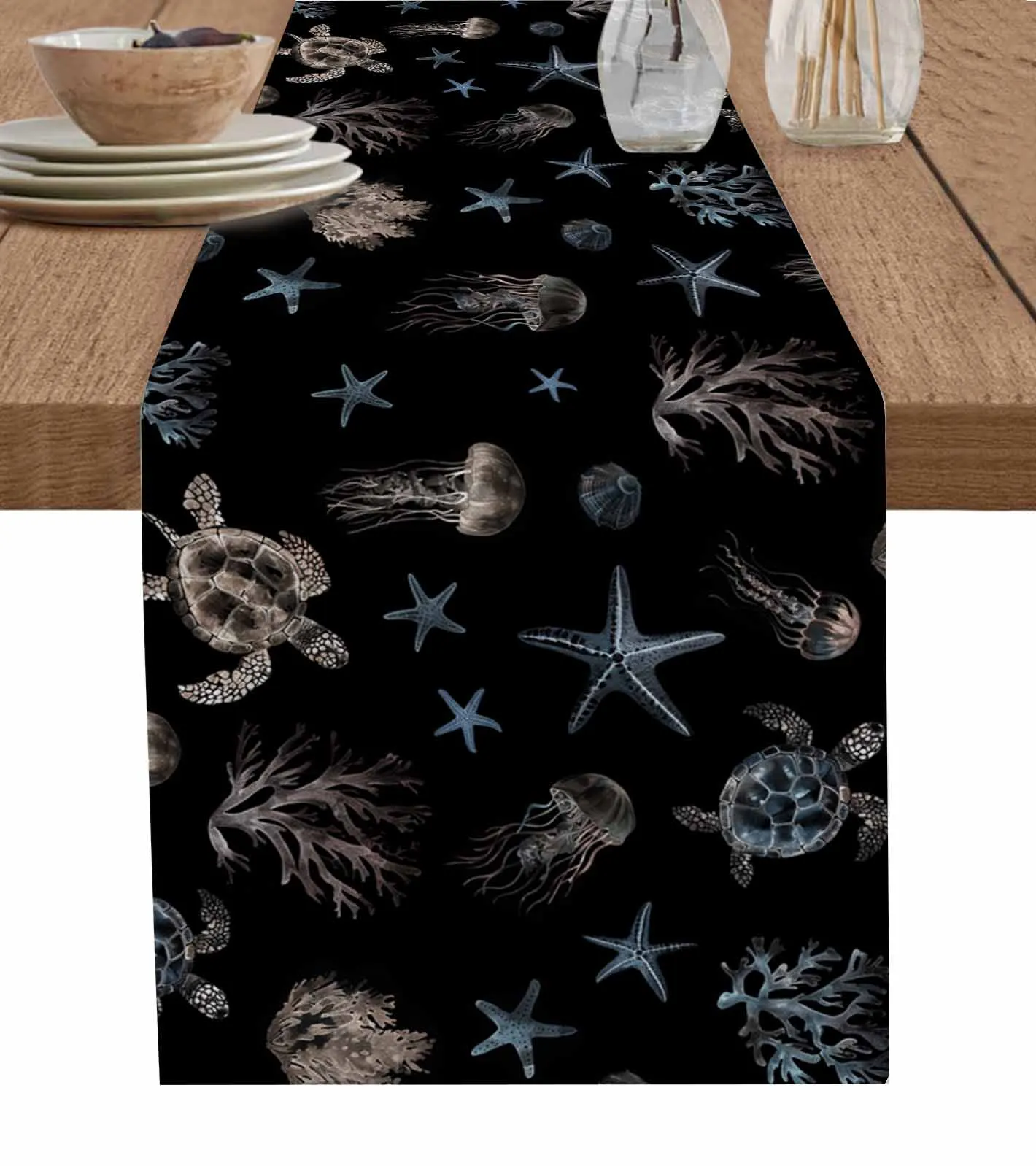 Marine Creatures Turtles Starfish Corals Jellyfish Table Runner Wedding Table Mat Centerpieces Decoration Dining Long Tablecloth