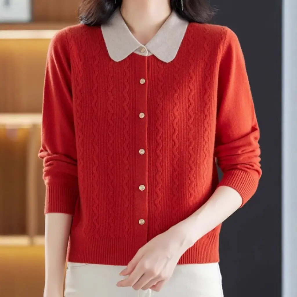 

High-End Imitation Wool Women's Knitted Cardigan Button Front Lapel Sweater Jacket for Mothers Spring Autumn New All-match
