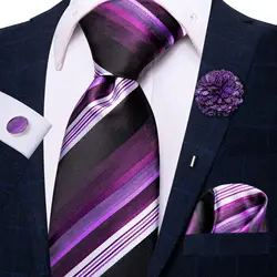 Striped Purple White Tie With Brooch Silk Elegent Necktie For Men Handky Cufflink Fashion Wedding Business Party Hi-Tie Designer