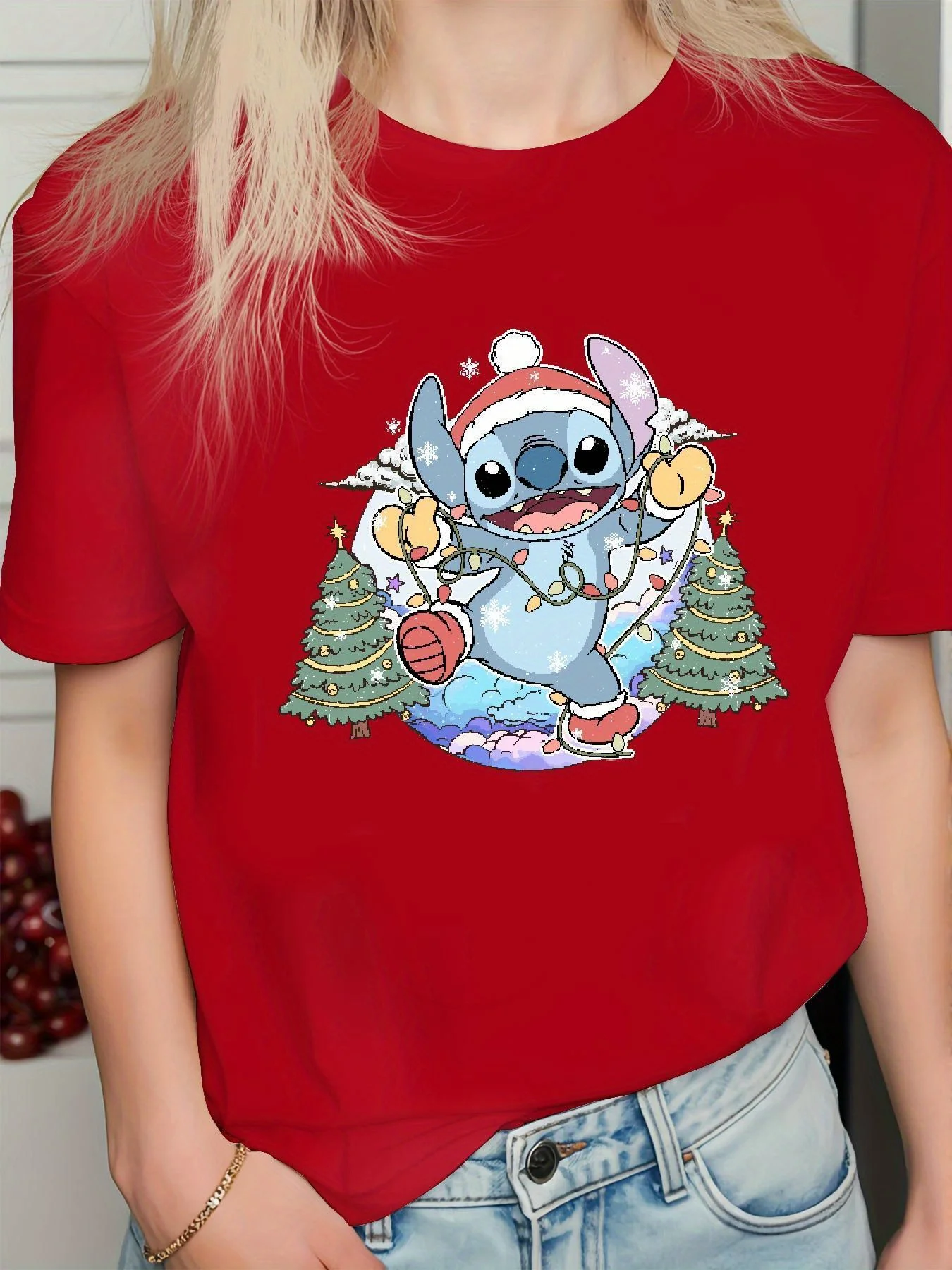 Disney Stitch Christmas T-Shirt Cotton Men's Women  Casual Trendy Oversized Streetwear Loose Short Sleeve Unisex Event Outfit