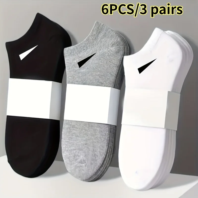 

6PCS/3Pairs Men's Heavy duty Polyester Fiber Boat Socks - Thick Arch Support, Simple Sports Design, Black/White/Grey - Daily and