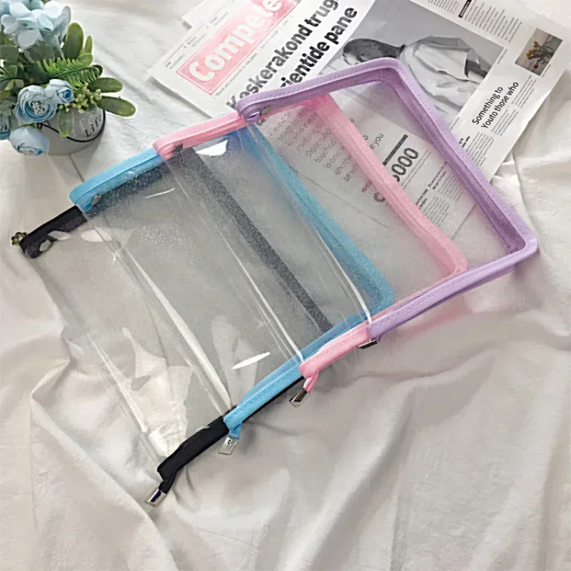 A5 Transparent Pvc Flash Powder Zipper File Package Solid Color Simple Plastic Student Data Storage Bags Hand Ledger Stationery